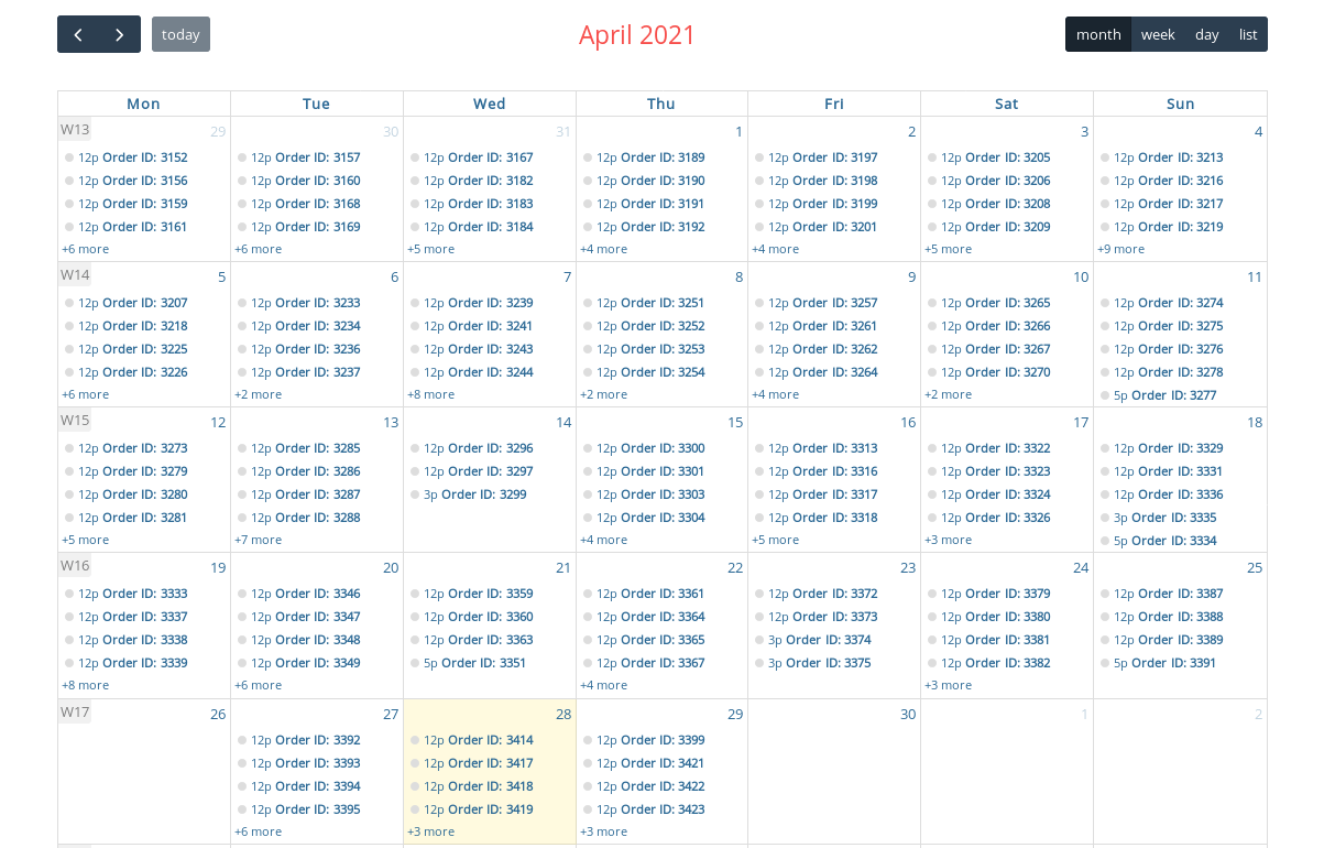 Calendario ordini per il servizio assistenza.